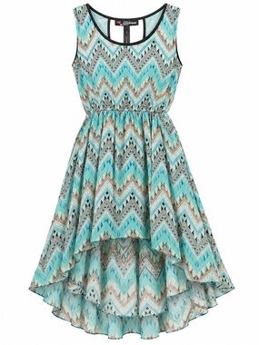 Delirious Aqua and Tan Geometric High Low Dress